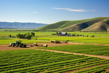 Tractor plowing fields with farm buildings in the background, surrounded by lush greenery and rolling hills under a clear sky.