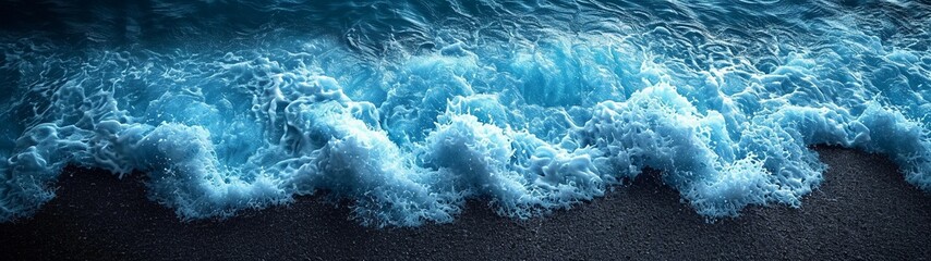 Crystal clear blue ocean waves on a black beach. Colorful contrasting surf - obrazy, fototapety, plakaty