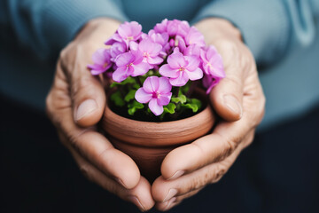 Hands holding a small pot of blooming purple flowers, hands - Powered by Adobe