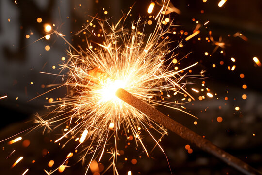Close up of a sparkler emitting bright, golden sparks in various directions, illuminating the surrounding darkness