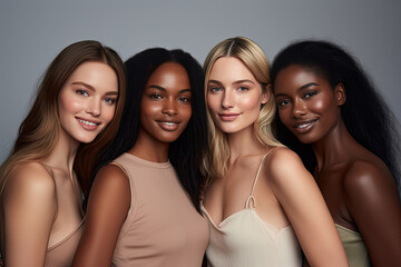 Obraz premium Four diverse women with natural makeup posing together, showcasing beauty and friendship.