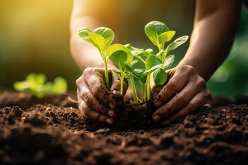 Hands planting young seedlings in soil with sunlight. Concept of growth, eco, and agriculture.