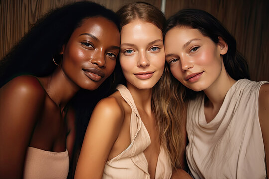 Three diverse women with natural makeup posing together, showcasing beauty and friendship.