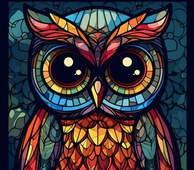 really cute and vibrant cartoon style stained glass cute owl with big eyes