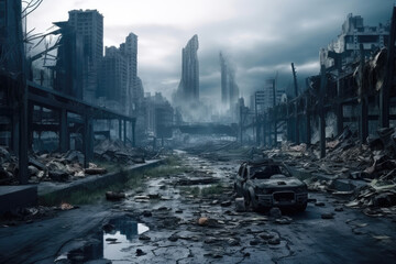 Post-apocalyptic cityscape with deserted streets and dilapidated buildings under a gloomy sky. - obrazy, fototapety, plakaty
