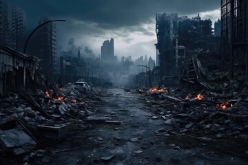 Apocalyptic cityscape with desolate streets, ruined buildings, and fires under a dark, ominous sky.
