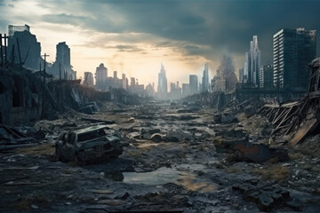 Apocalyptic cityscape with ruins and desolate buildings under a cloudy sky. - obrazy, fototapety, plakaty