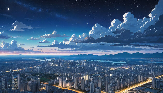 Cityscape with the night sky showing blue clouds and stars, in the style of anime, romantic riverscapes, hd wallpaper background, 8k, 4k