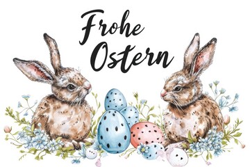 Two rabbits with Easter eggs and flowers. This festive illustration captures the essence of Easter with a traditional spring theme.