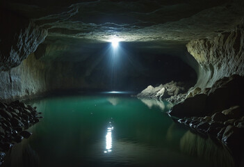 Hidden subterranean stream within a dim cavern - obrazy, fototapety, plakaty