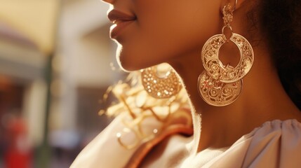Closeup of bold statement earrings and chunky gold rings adorning a stylish womans hands on a bustling fashion street.