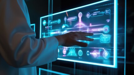 Fototapeta premium Up close shot of a doctors fingers selecting options on a 3D holographic display.