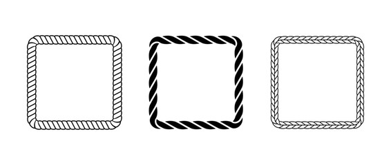 Rope frame set. Squared cord border collection. Rectangular rope loop pack. Chain, braid or plait border bundle. Square design elements for decoration, banner, poster. Vector decoration frames - obrazy, fototapety, plakaty