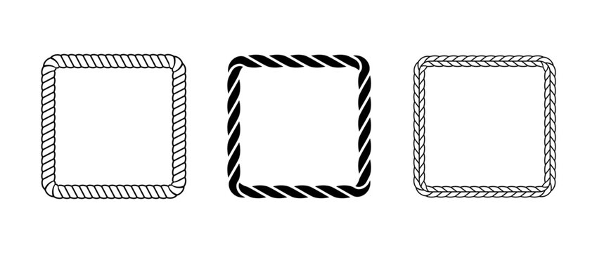 Rope frame set. Squared cord border collection. Rectangular rope loop pack. Chain, braid or plait border bundle. Square design elements for decoration, banner, poster. Vector decoration frames