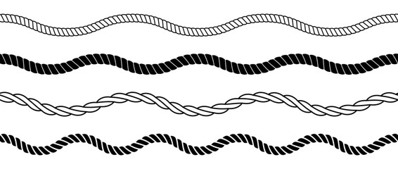 Wave rope set. Repeating hemp cord line collection. Waving chain, braid, plait stripe bundle. Seamless decorative plait pattern. Vector marine twine design elements for banner, poster, frame