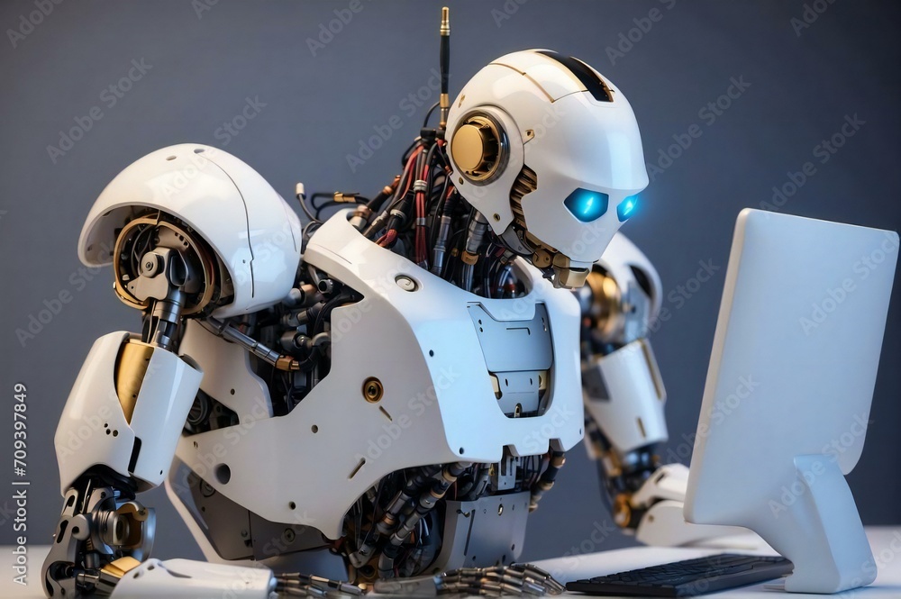 Poster ai robot is using a computer side view