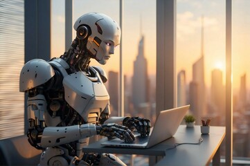 AI robot is using a computer looking sideways, in a tall building, in late afternoon light