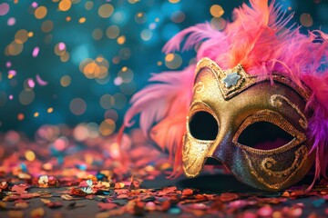 Ilustração de máscara de carnaval com fundo colorido, exaltando todas as cores do carnaval brasileiro e veneziano	