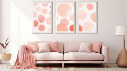 Living Room With Couch and Three Wall Paintings with circles. Pastel pink color.