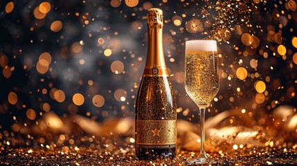 Two glasses and a bottle of champagne for new year or an anniversary.