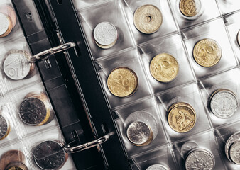 Photo of italian and french old coins collection in a clear plastic sheet numismatic holder.