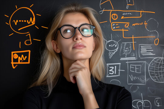 Woman thinking about business plan on a chalkboard, glasses, software engineer