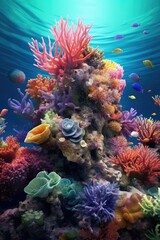 Naklejka na ściany i meble Beautiful coral reef. Underwater scene with fish, sea corals. Travel, recreation, snorkeling.