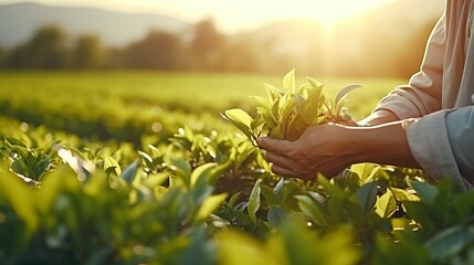 Close up of man s hands picking fresh tea leaves in a bright summer field with abundant sunlight