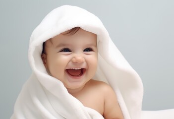Baby in white towel smiling.