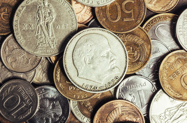 Photo of soviet 1 ruble 1970 coin on pile of other various soviet coins.
