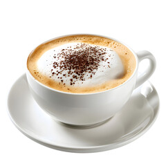 Hot coffee cappuccino in ceramic cup isolated on transparent background.