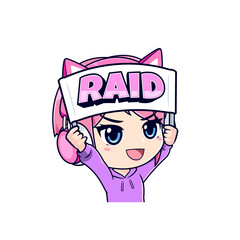 Gamer girl holding banner cartoon sticker mascot logo vector