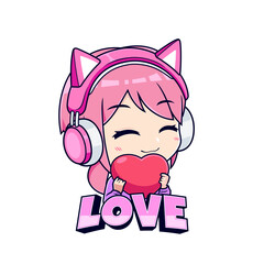 Anime gamer girl giving love sticker mascot logo