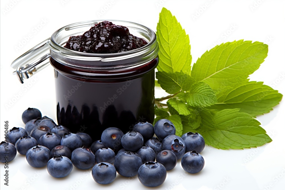 Poster tempting blueberry jam isolated on white background with ample copy space for text placement