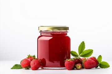 Delicious homemade strawberry jam in a glass jar, isolated on white background with ample text space