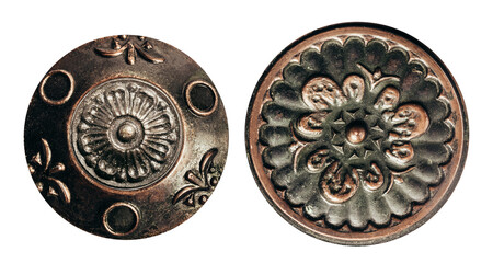 Isolated photo of copper round antique handles on white background. - obrazy, fototapety, plakaty
