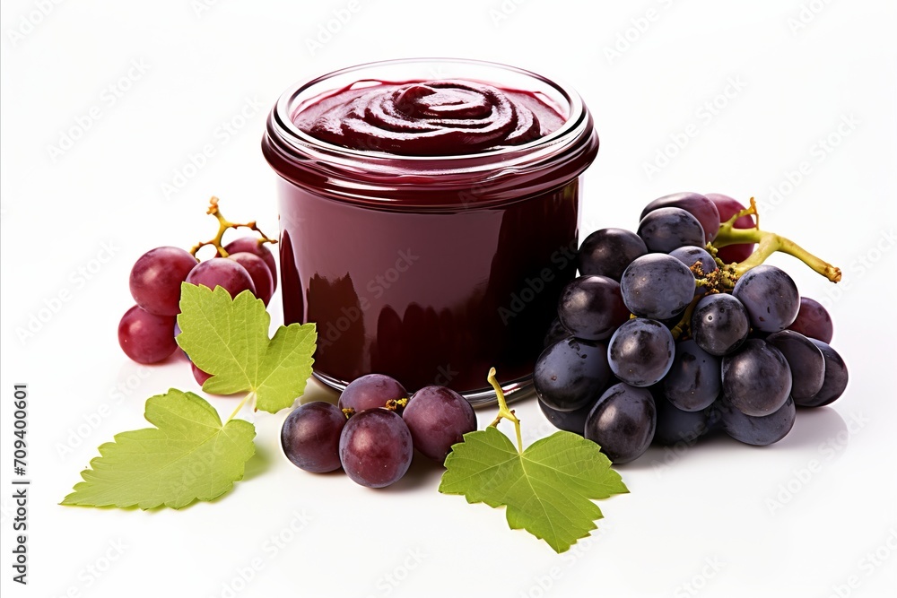 Poster grape jam in glass jar on white background with text space and branding opportunities