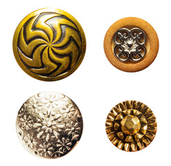 Isolated photo of various clothing and sewing buttons accessories on white background.