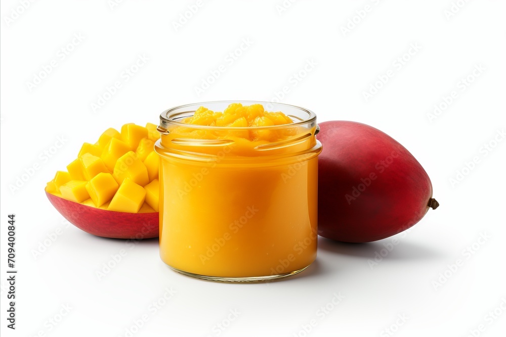 Poster delectable mango jam spread isolated on white background with ample copy space for text placement