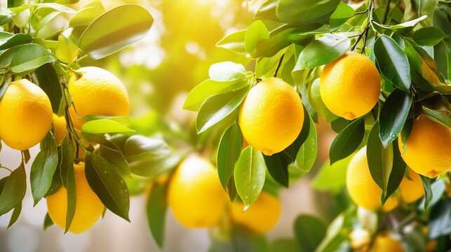 Organic ripe fresh lemons growing on citrus branches with green leaves in a sunny fruiting garden