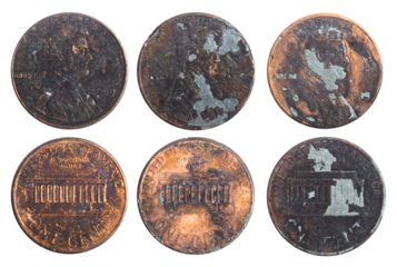 Isolated photo of old rusty worn and burned american 1 cent coins on white background.