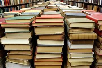 Obraz premium A large collection of books stacked horizontally in rows, showcasing an array of colorful spines and pages