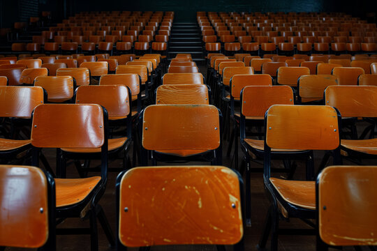 A large number of wooden chairs arranged in rows in an auditorium. The chairs are orange-brown with black metal frames