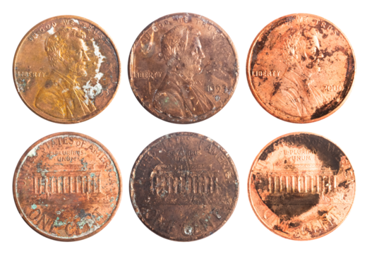 Isolated photo of old rusty worn american 1 cent coins on white background.