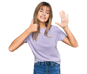 Teenager caucasian girl wearing casual clothes showing and pointing up with fingers number six while smiling confident and happy.