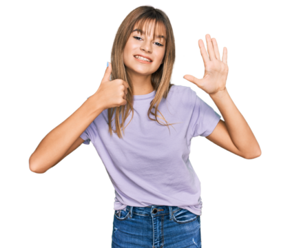 Teenager caucasian girl wearing casual clothes showing and pointing up with fingers number six while smiling confident and happy.