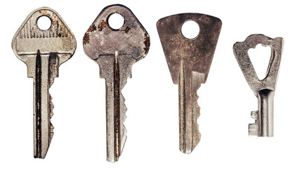 Isolated photo of old fashioned rusty keys set on white background.