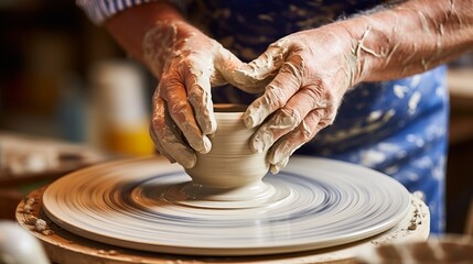 Skilled potter creating matching ceramics on wheel in cozy studio, inspiring ambiance