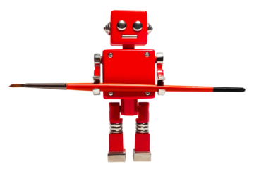 Isolated photo of red toy robot holding paint brush on white background.