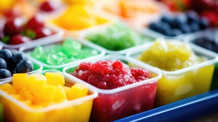 Closeup of a colorful silicone baby food freezer tray filled with individual portions of pureed...